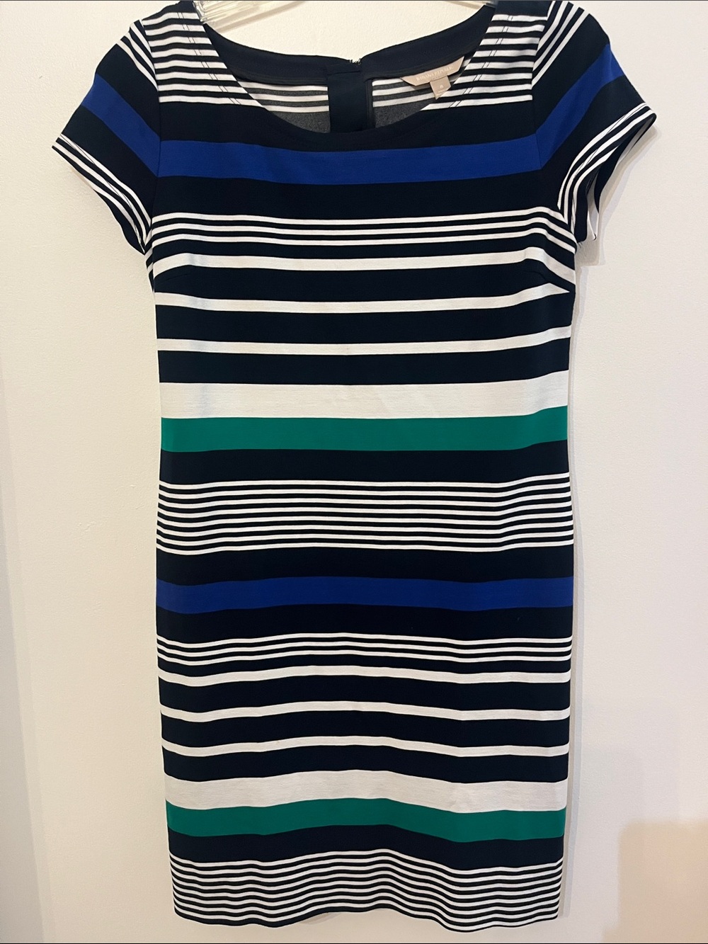 Banana Republic Striped Navy, White & Green Short Sleeve Sheath Dress Sz 8